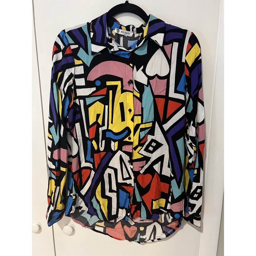 NWT Big Dart Womens Multicolor Geometric Button-Up‎ Long Sleeve Top US Small